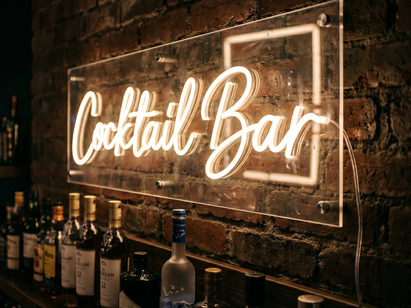 Neon na pleksi nad barem, widoczna przezroczysta płyta, śruby w rogach i kabel na ścianie
